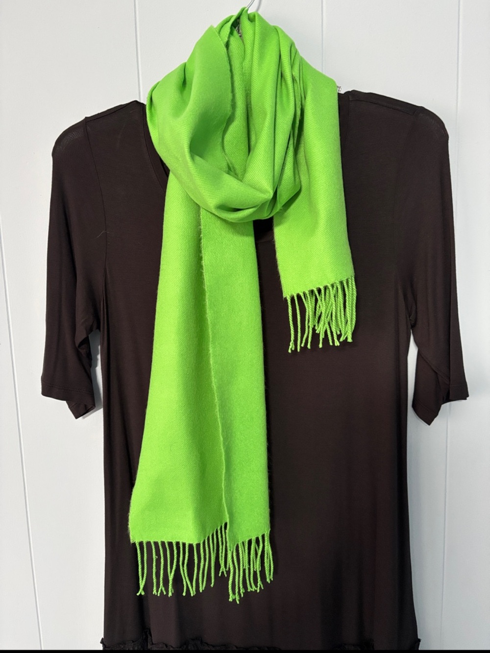 100% Cashmere Green Fringe Scarf - Made in Scotland Lime Green Chartreuse